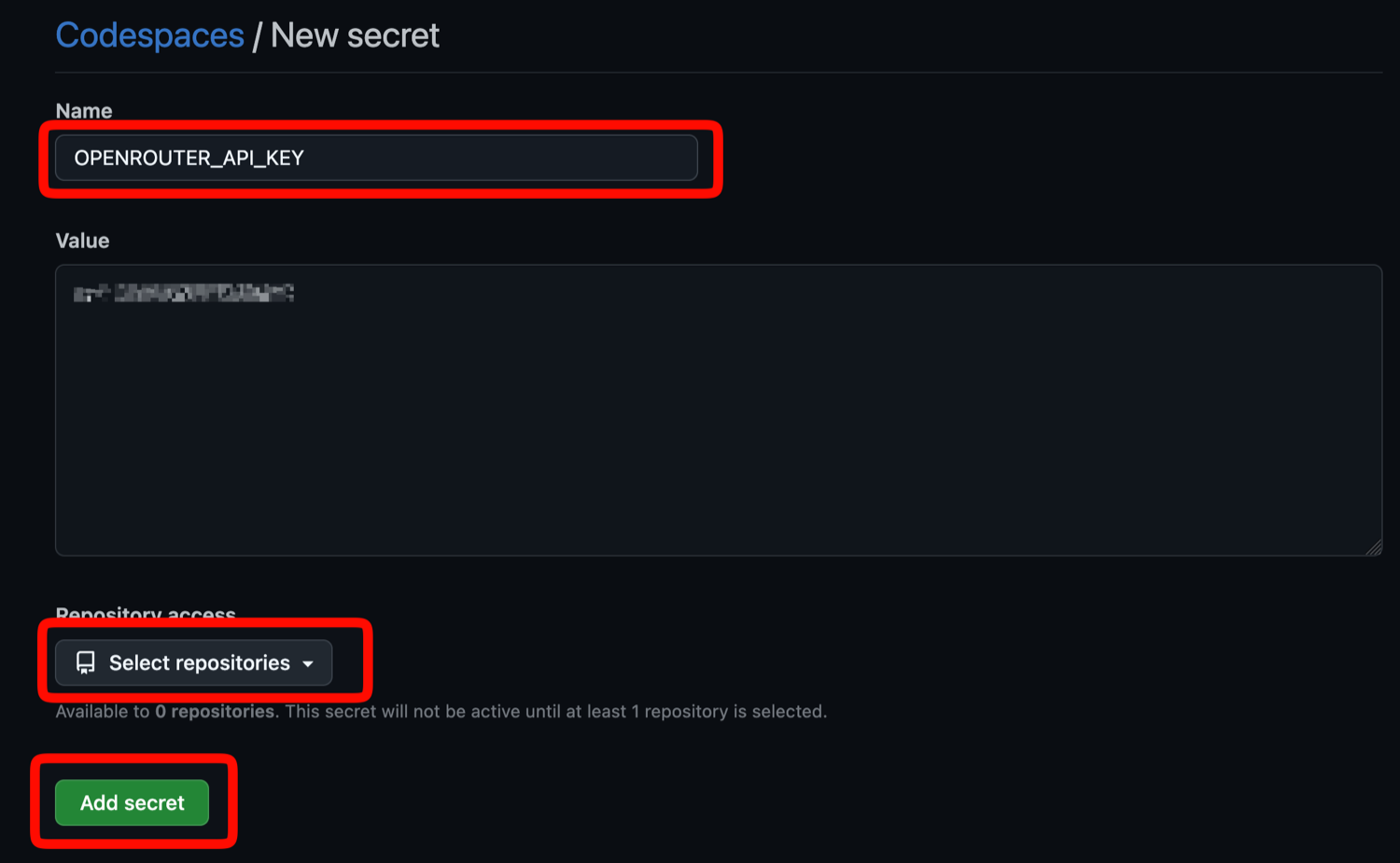 New secret form with the Name field, Repository access dropdown, and Add secret button highlighted