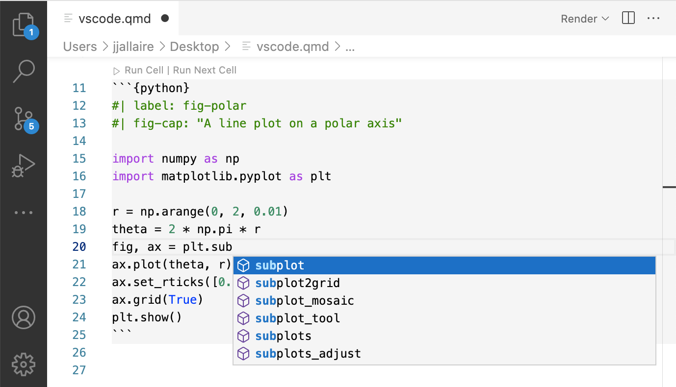 A Quarto code cell in VS Code with a Run Cell link above it and the output shown inline below.