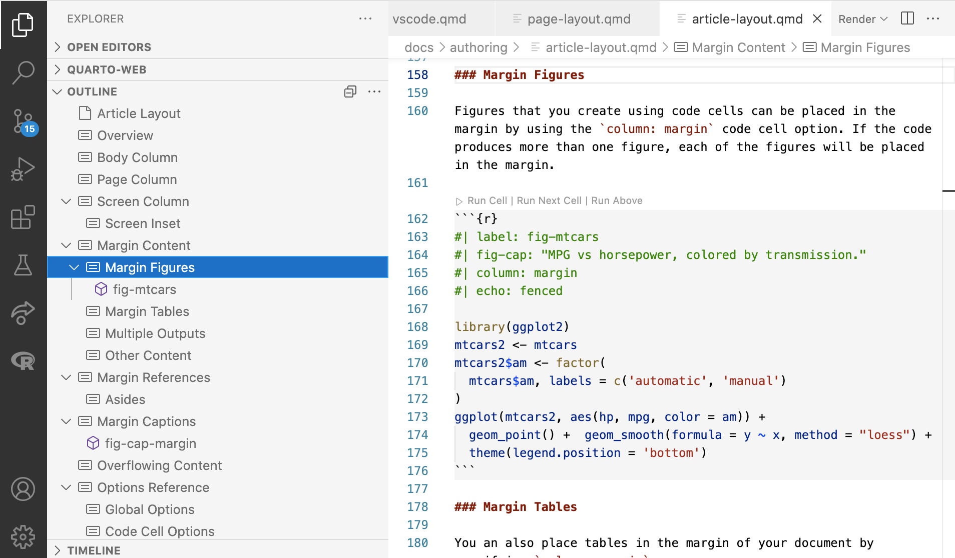 The VS Code outline view listing the section headings of a Quarto document.