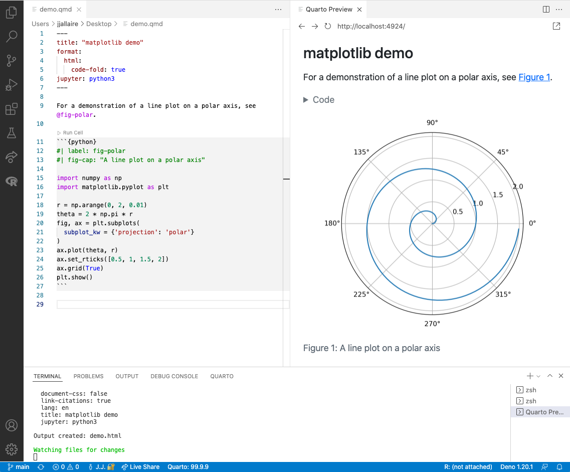 VS Code showing a Quarto document source on the left and the rendered HTML preview on the right.